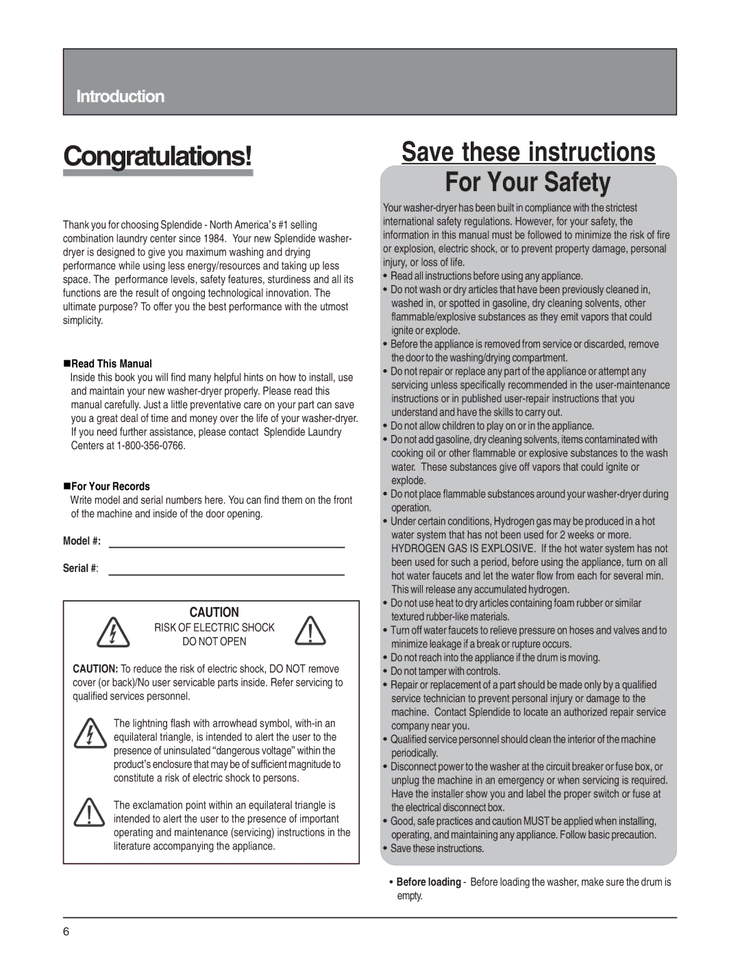 Splendide 6200 Congratulations, For Your Safety, NRead This Manual, NFor Your Records, Model # Serial # 