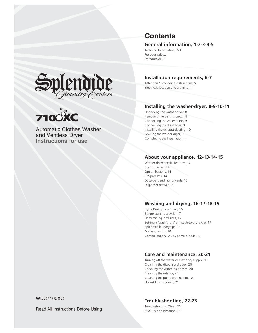 Splendide 7100XC manual Contents 