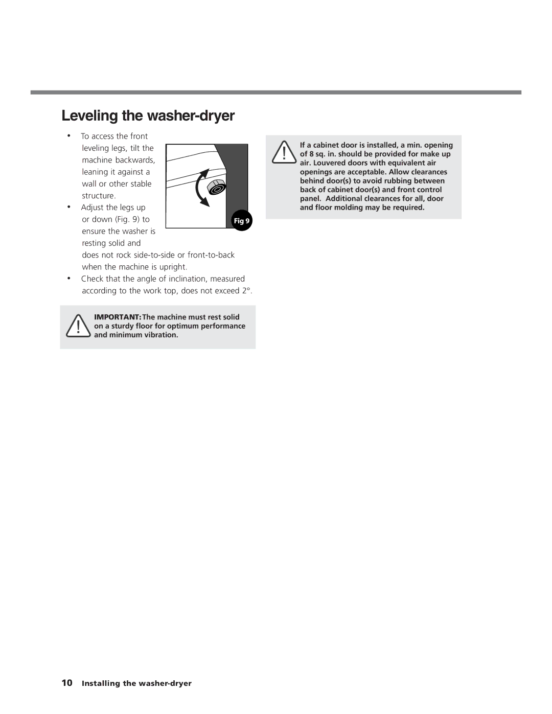 Splendide 7100XC manual Leveling the washer-dryer 