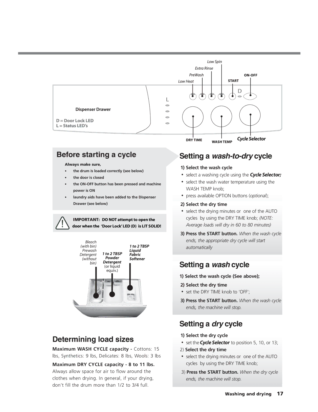 Splendide 7100XC manual Maximum Wash Cycle capacity Cottons, Maximum DRY Cycle capacity 8 to 11 lbs, Select the wash cycle 