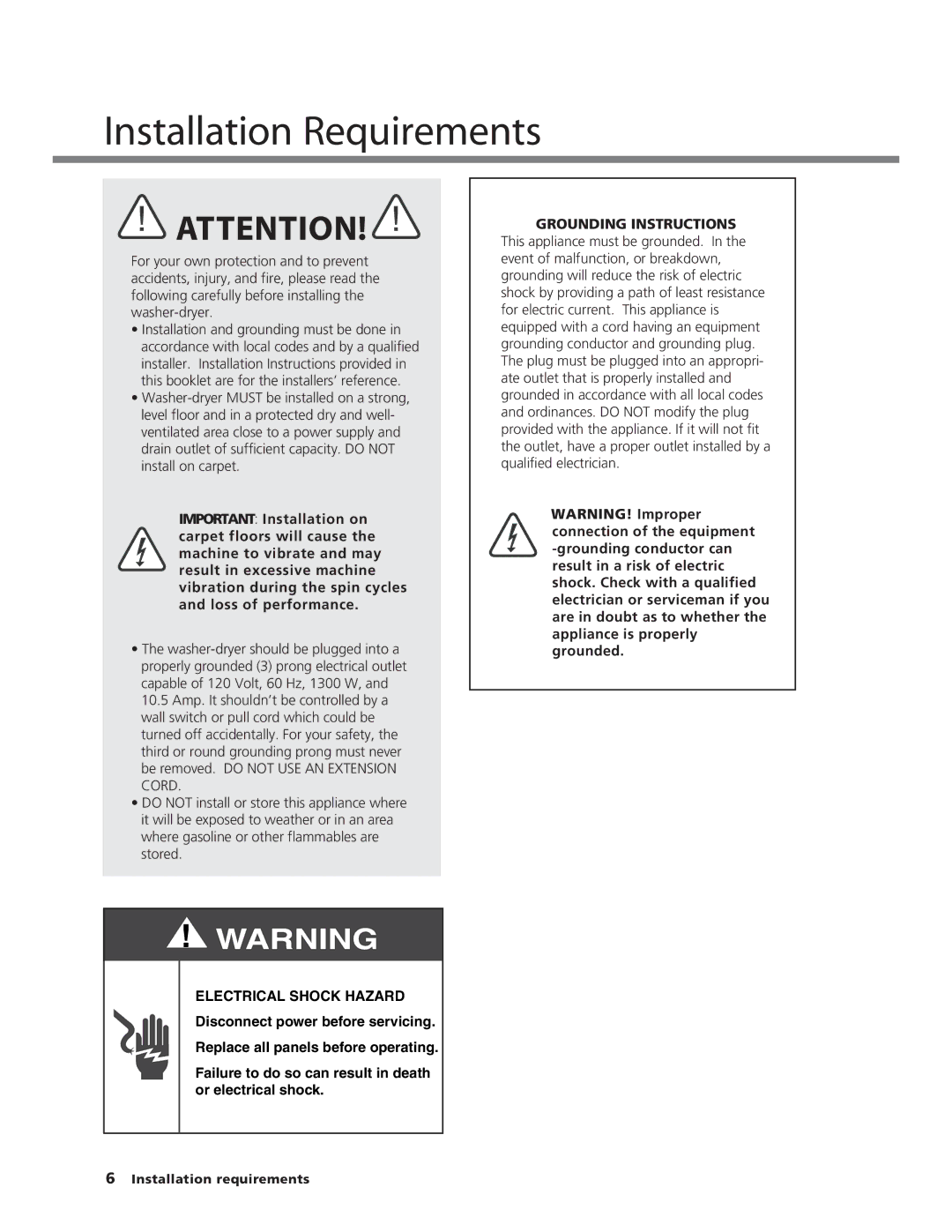 Splendide 7100XC manual Installation Requirements, Electrical Shock Hazard 