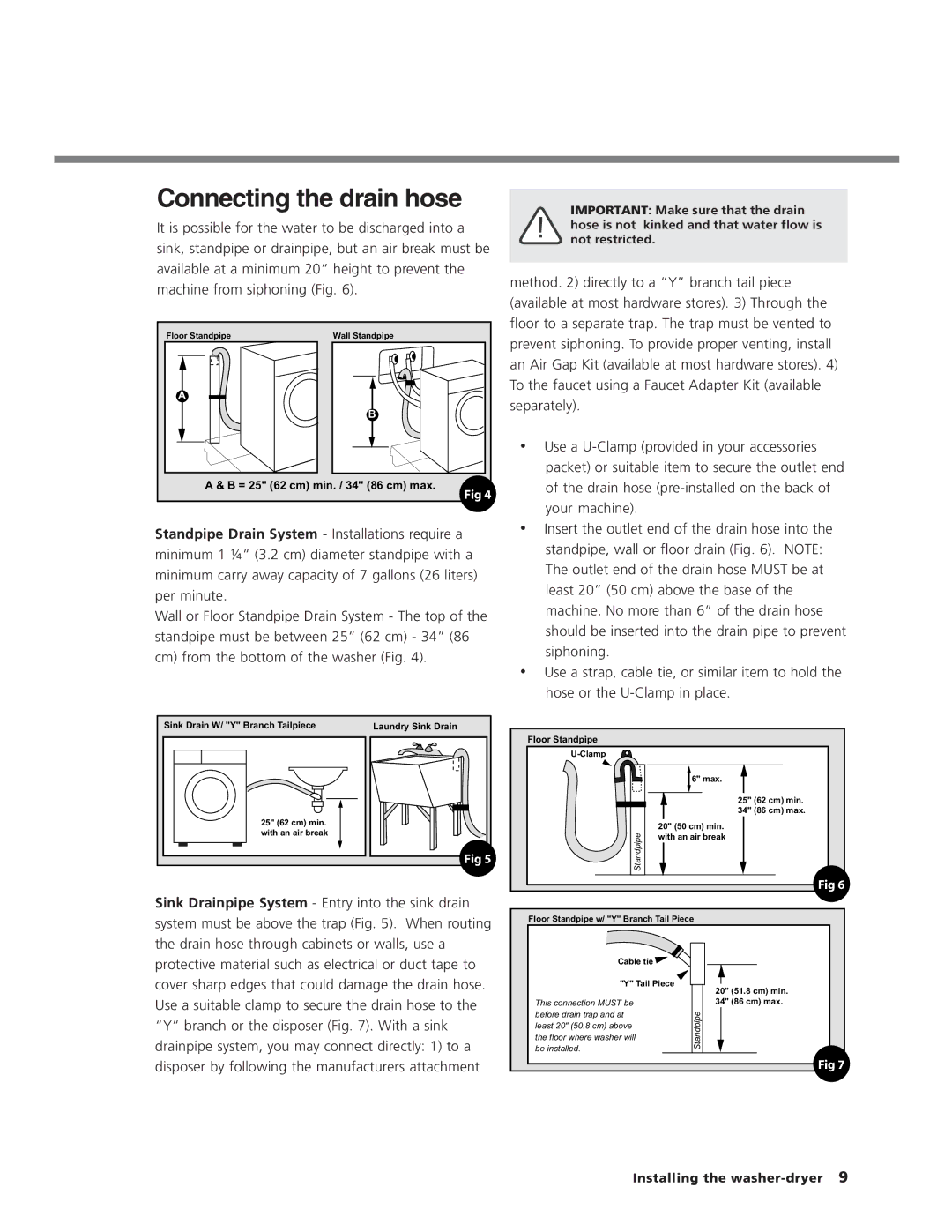 Splendide 7100XC manual Connecting the drain hose, Floor Standpipe 