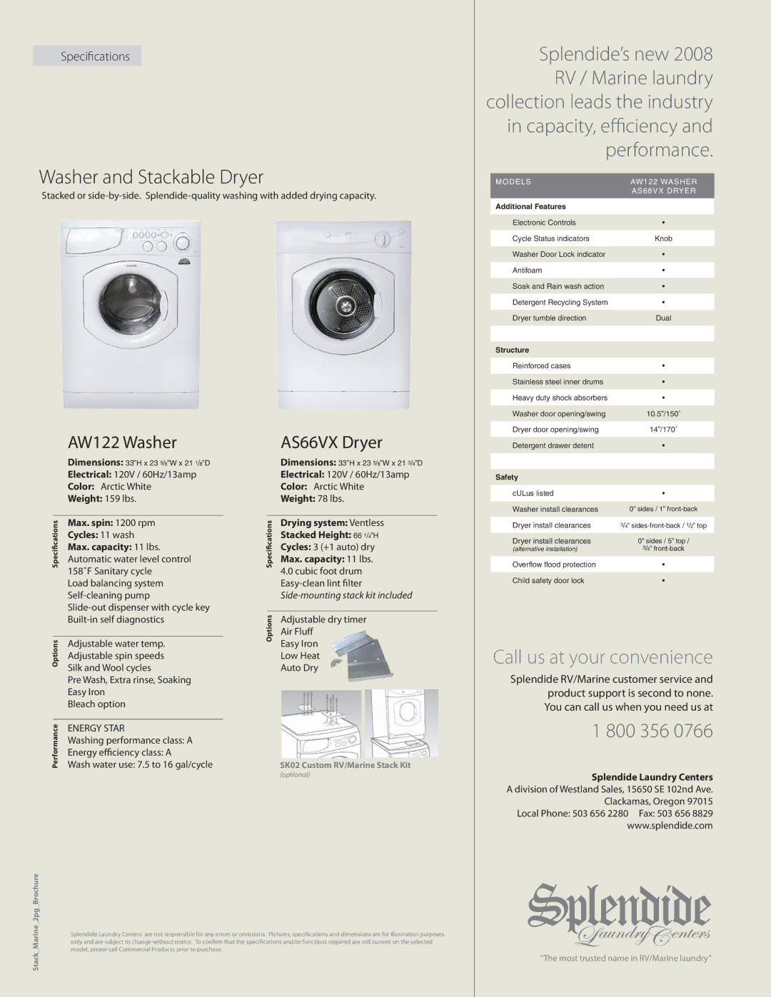 Splendide AS66VX DRYER, AW122 WASHER manual Call us at your convenience, AW122 Washer, AS66VX Dryer 