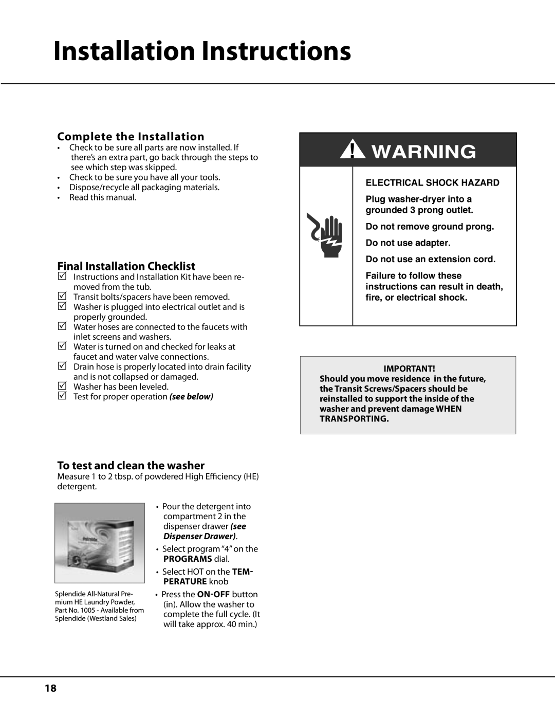 Splendide AW122 Complete the Installation, Final Installation Checklist, To test and clean the washer 