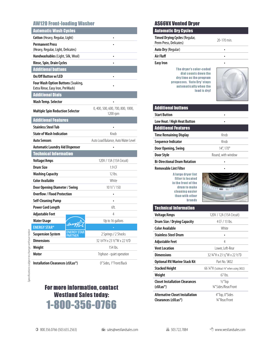 Splendide OR97015 Automatic Wash Cycles, Additional buttons, Additional Dials, Additional Features, Technical Information 