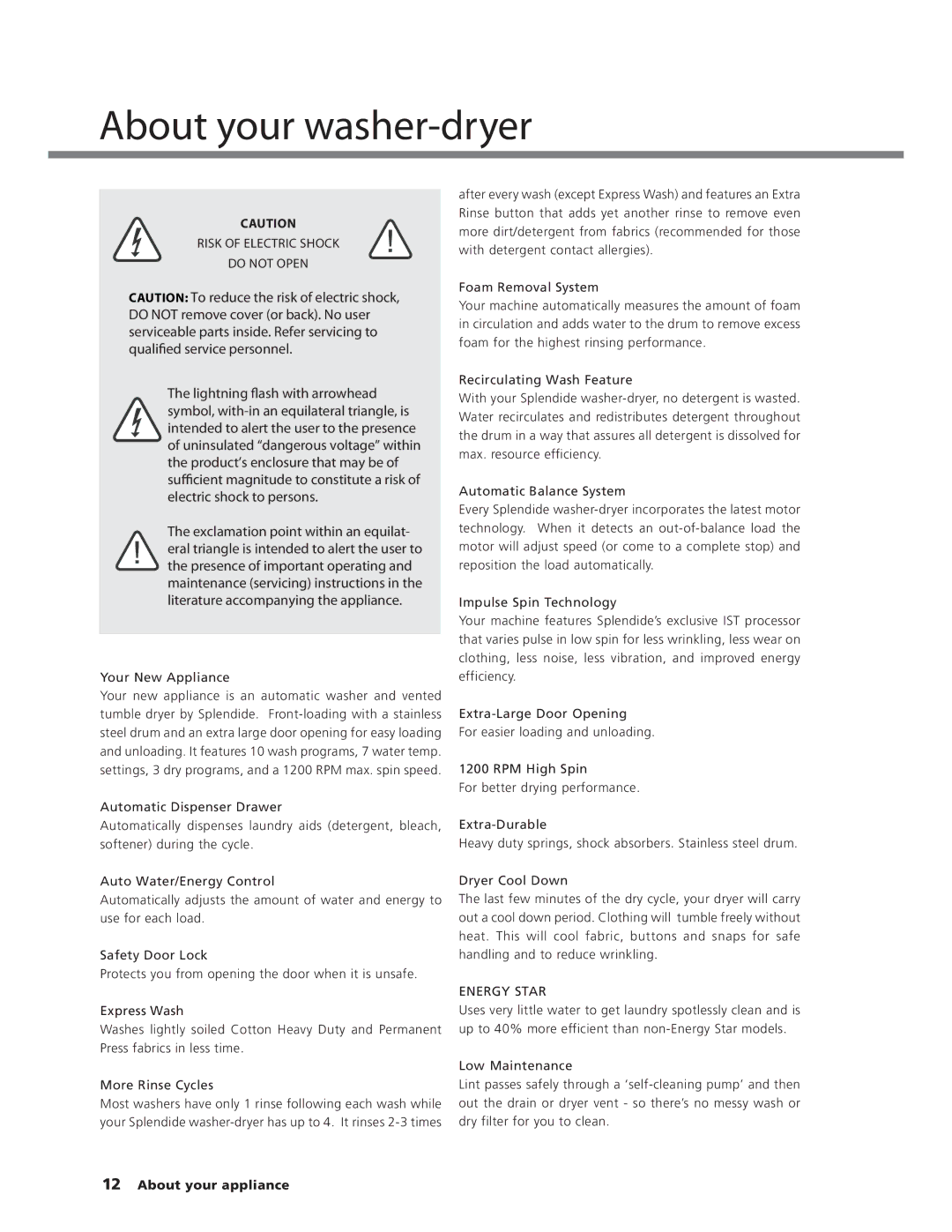 Splendide WD2100XC manual About your washer-dryer, Risk of Electric Shock Do not Open 