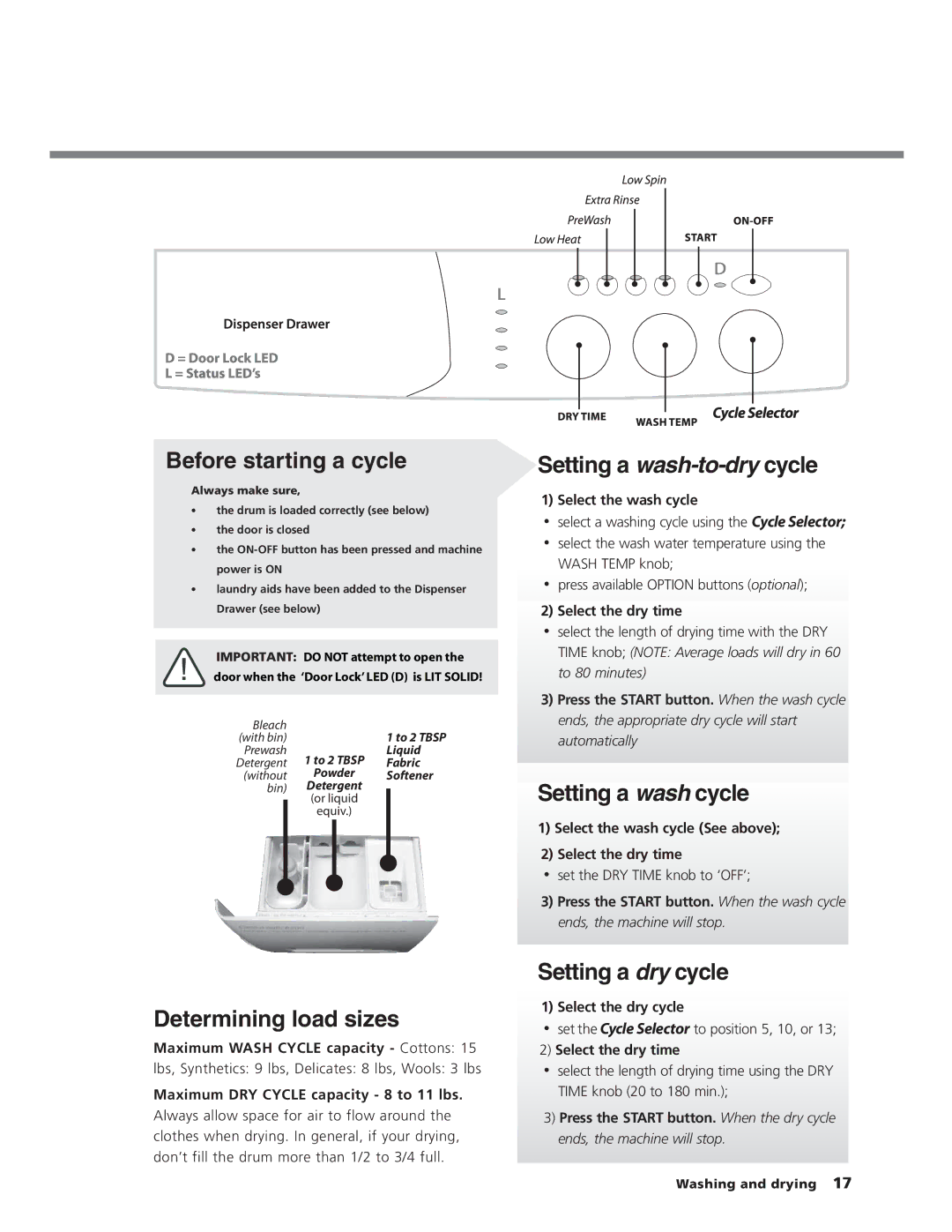 Splendide WD2100XC Maximum Wash Cycle capacity Cottons, Maximum DRY Cycle capacity 8 to 11 lbs, Select the wash cycle 