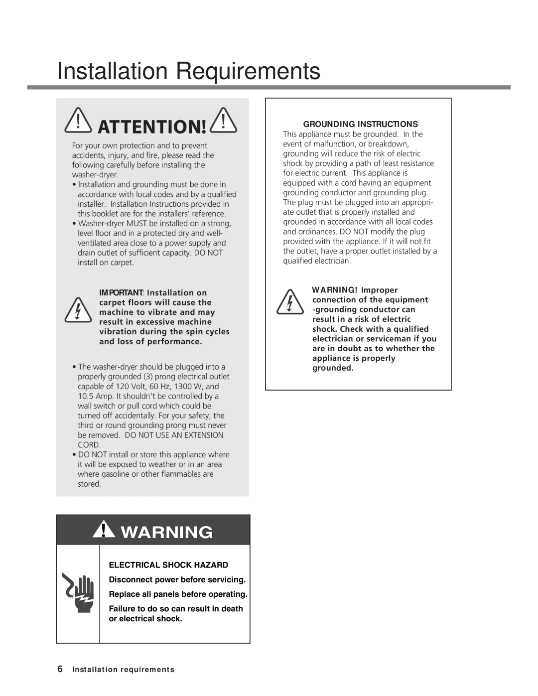 Splendide WD2100XC manual Installation Requirements, Electrical Shock Hazard 