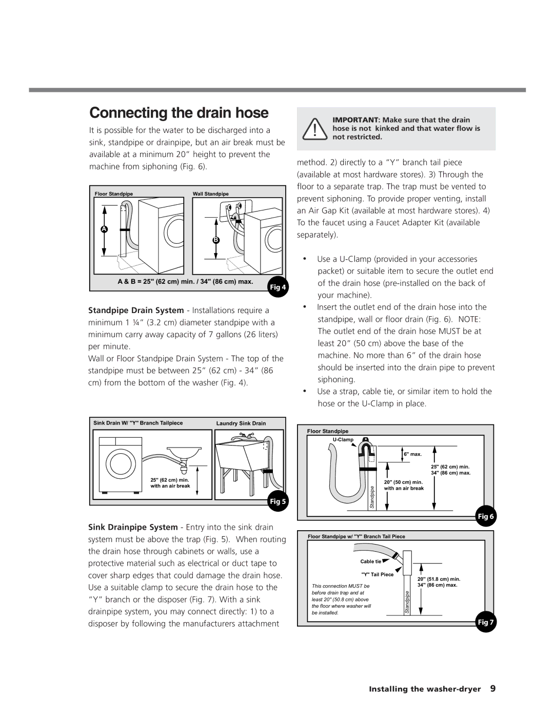 Splendide WD2100XC manual Connecting the drain hose, Floor Standpipe 