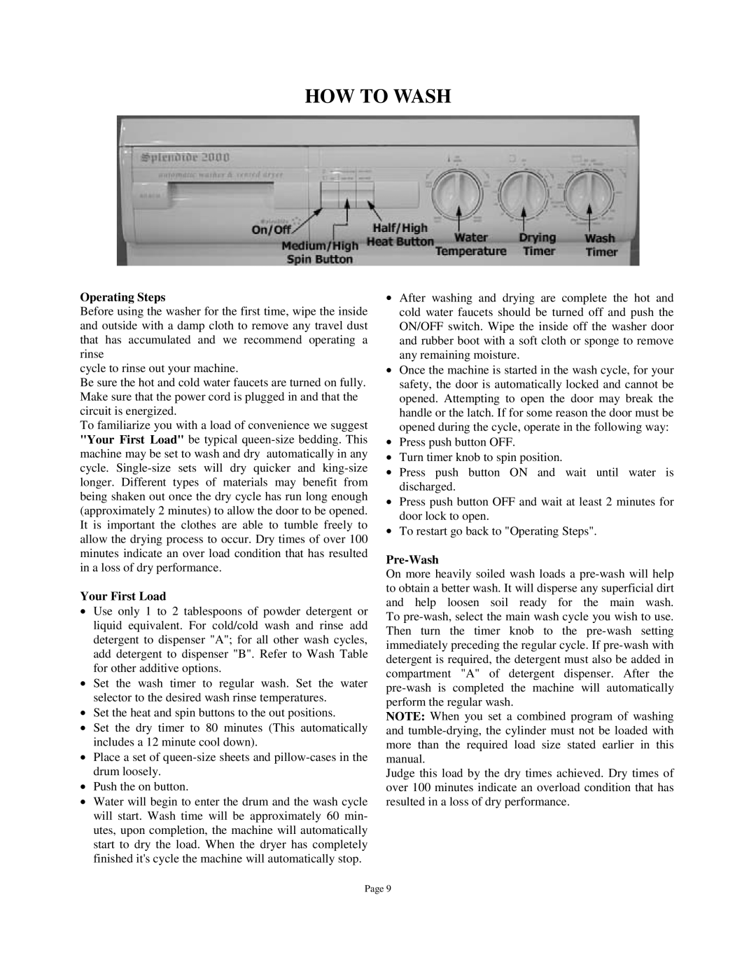 Splendide WD802M owner manual Operating Steps, Your First Load, Pre-Wash 