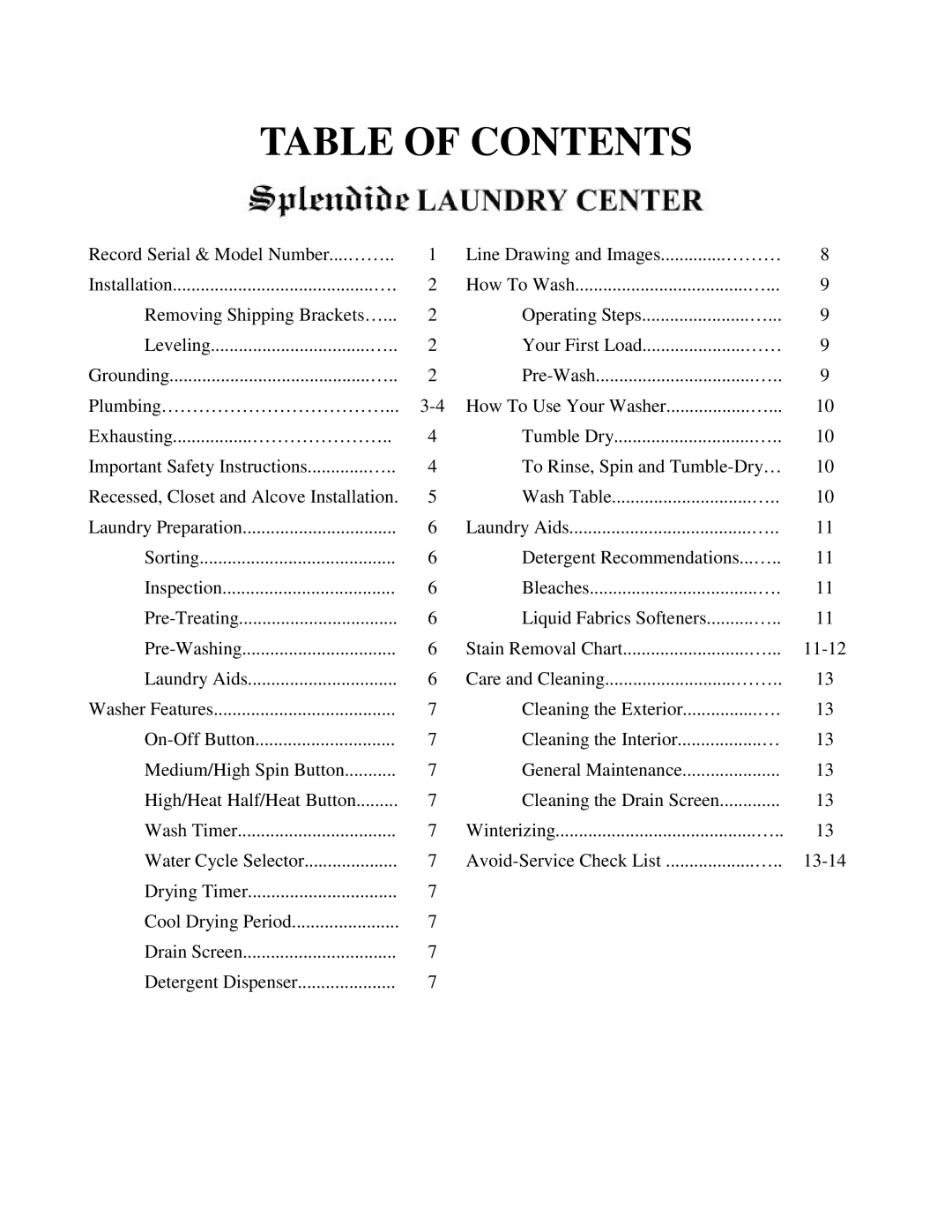 Splendide WD802M owner manual Table of Contents 