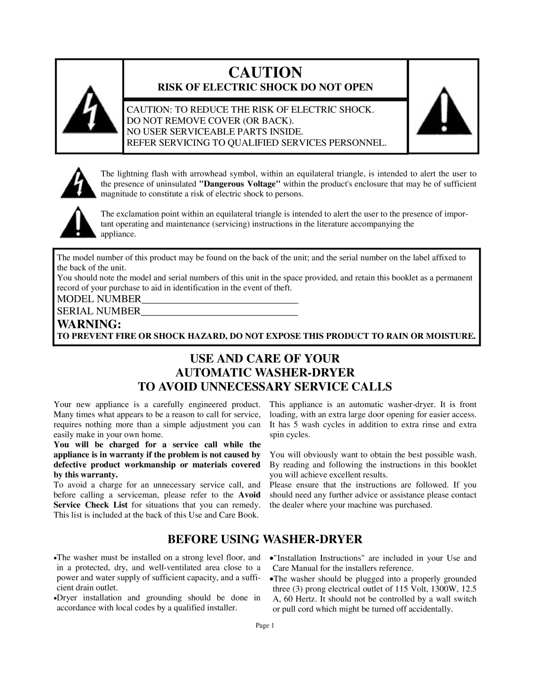 Splendide WD802M owner manual Before Using WASHER-DRYER, Risk of Electric Shock do not Open 