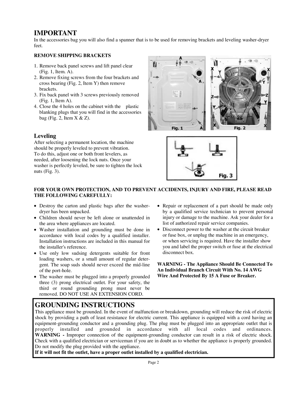 Splendide WD802M owner manual Grounding Instructions, Remove Shipping Brackets 