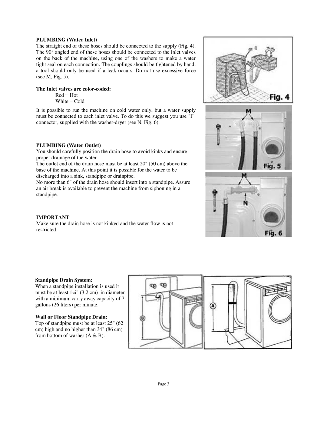 Splendide WD802M Plumbing Water Inlet, Inlet valves are color-coded, Plumbing Water Outlet, Standpipe Drain System 