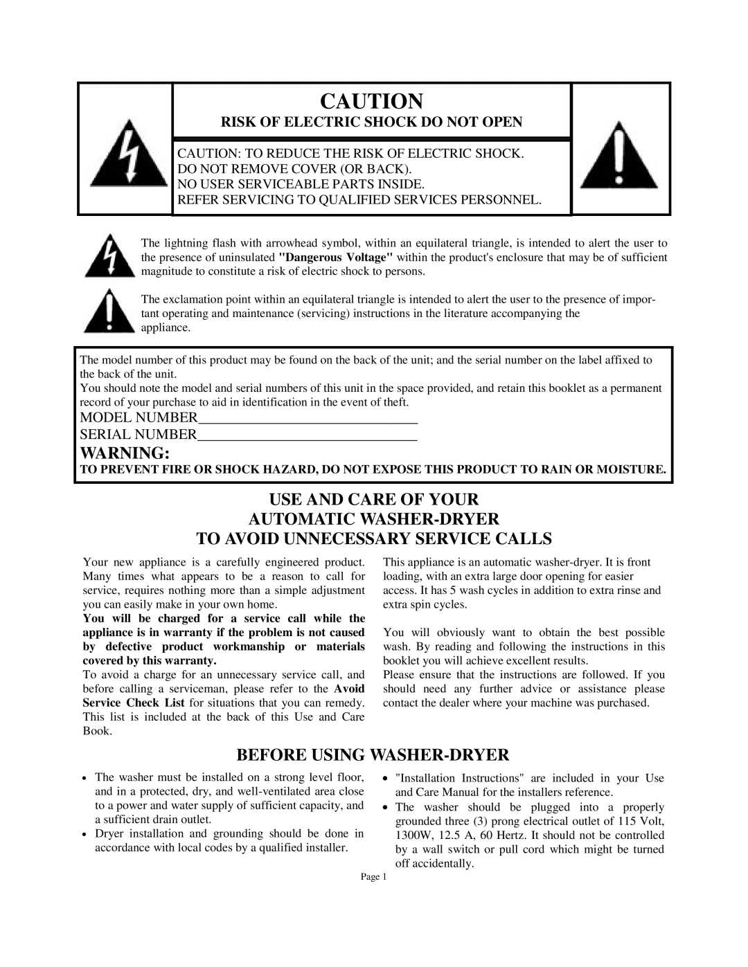 Splendide WDC1025M, WDC1024M owner manual Before Using WASHER-DRYER, Risk of Electric Shock do not Open 