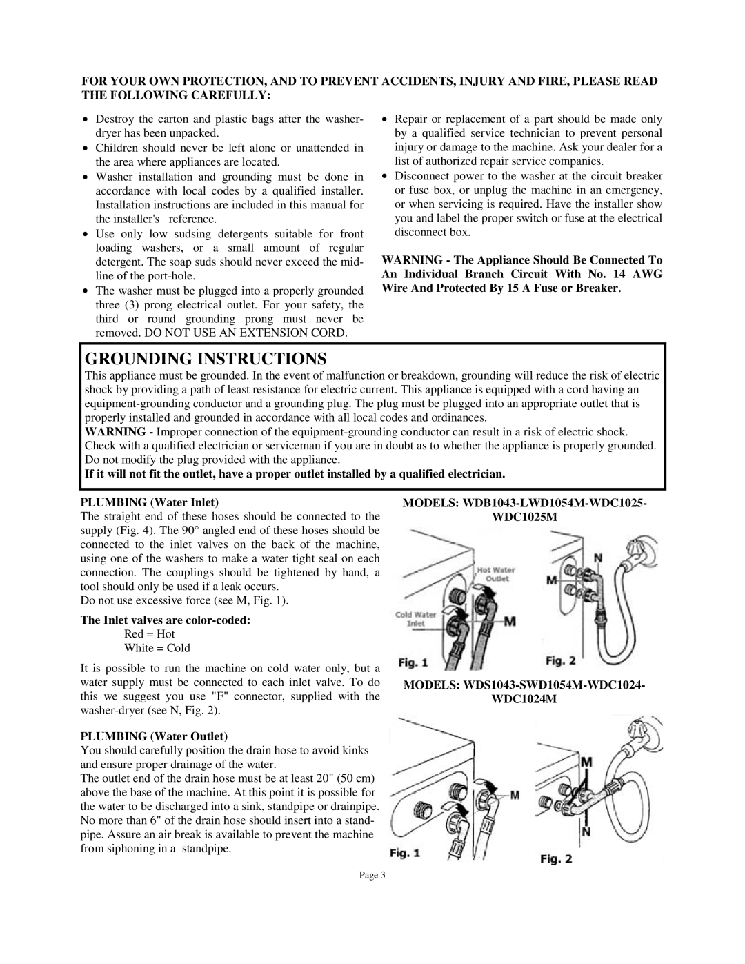 Splendide WDC1025M, WDC1024M owner manual Grounding Instructions, Inlet valves are color-coded, Plumbing Water Outlet 