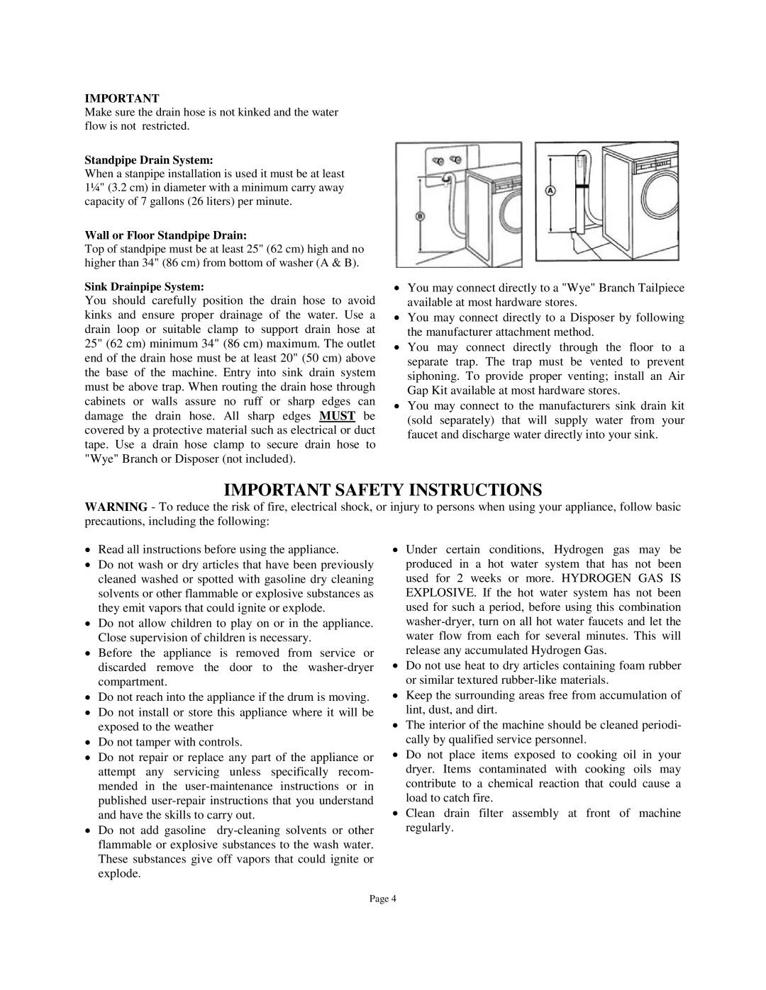 Splendide WDC1024M, WDC1025M Important Safety Instructions, Standpipe Drain System, Wall or Floor Standpipe Drain 