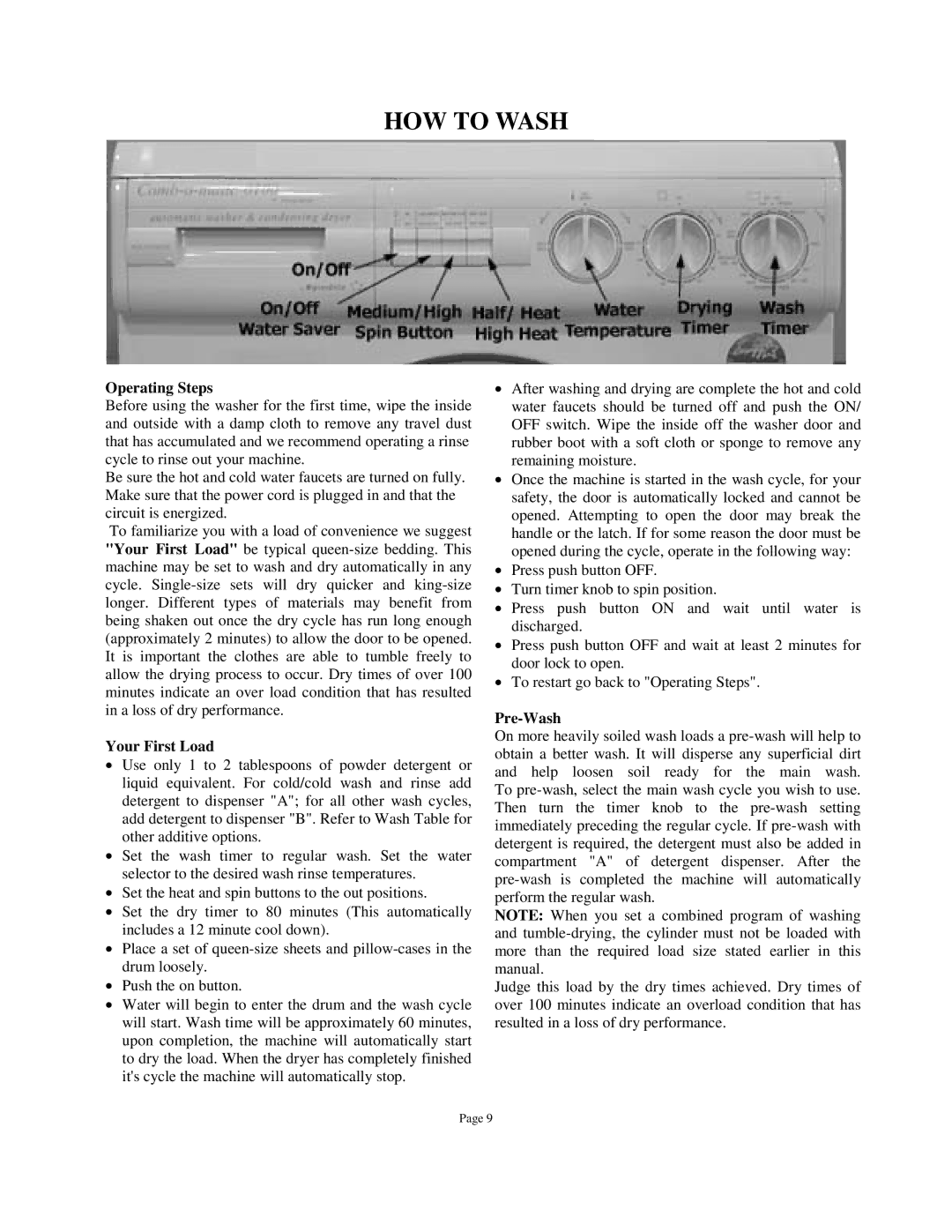 Splendide WDC1025MCEE owner manual Operating Steps, Your First Load, Pre-Wash 