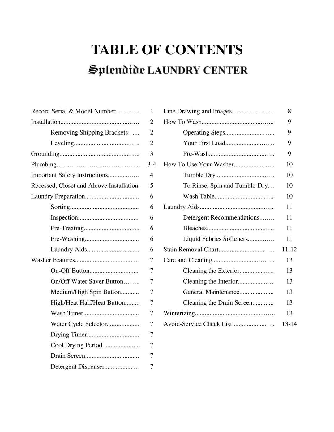 Splendide WDC1025MCEE owner manual Table of Contents 