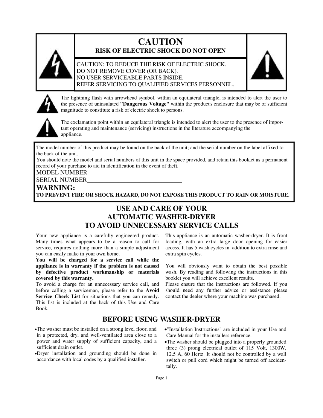 Splendide WDC1025MCEE owner manual Before Using WASHER-DRYER, Risk of Electric Shock do not Open 