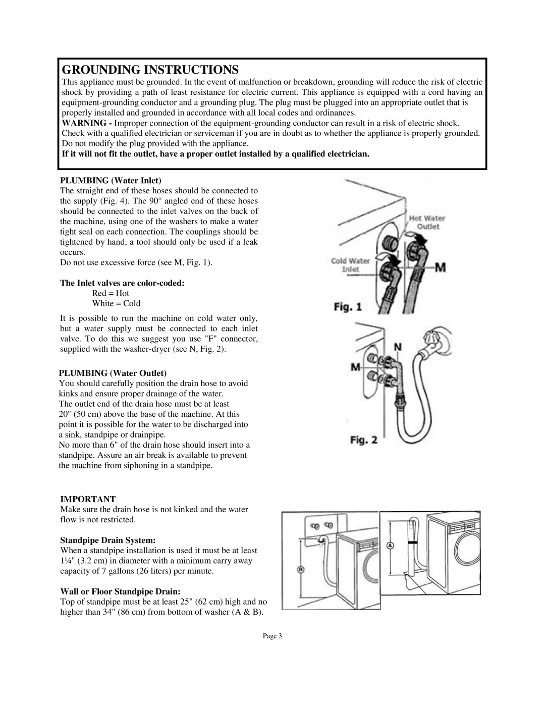 Splendide WDC1025MCEE Grounding Instructions, Inlet valves are color-coded, Plumbing Water Outlet, Standpipe Drain System 