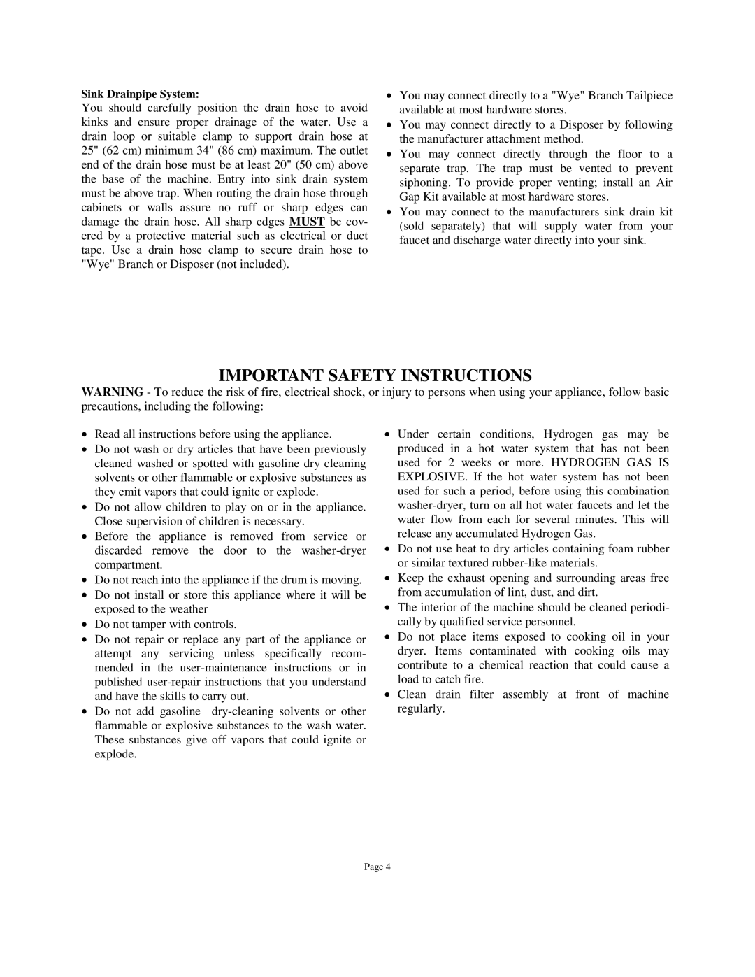 Splendide WDC1025MCEE owner manual Important Safety Instructions 