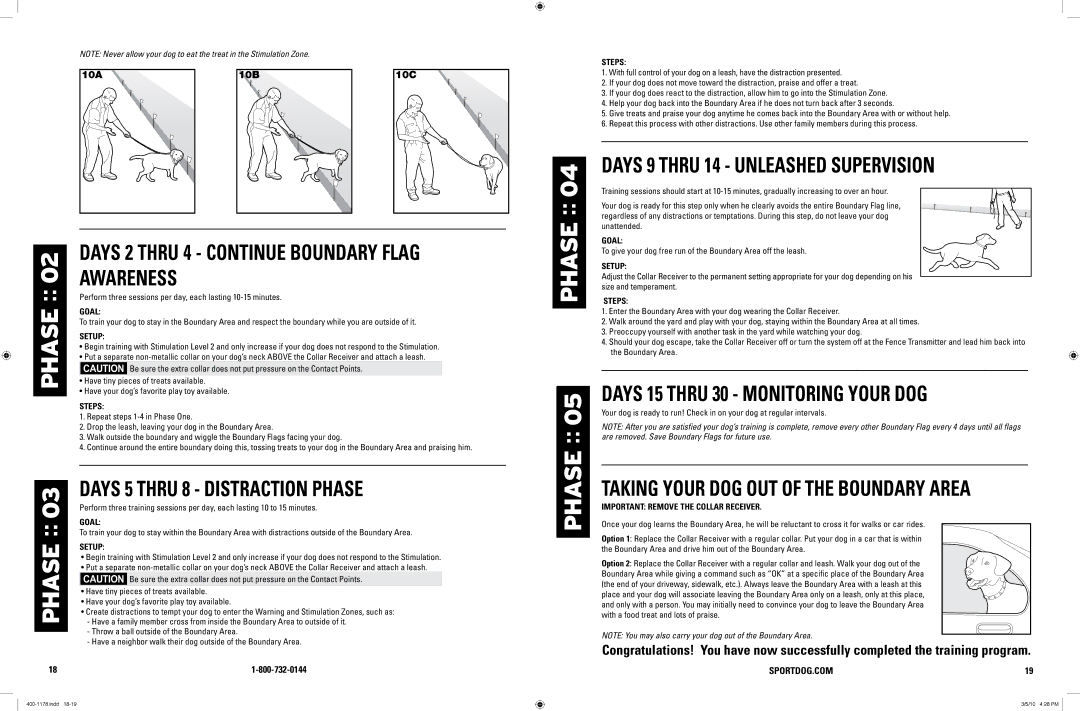 SportDOG 100A manual Days 2 thru 4 Continue Boundary Flag, Awareness, Days 5 thru 8 Distraction Phase 