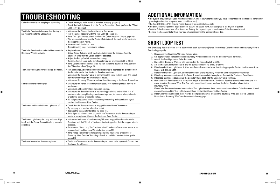 SportDOG 100A manual Additional Information, Short Loop Test 