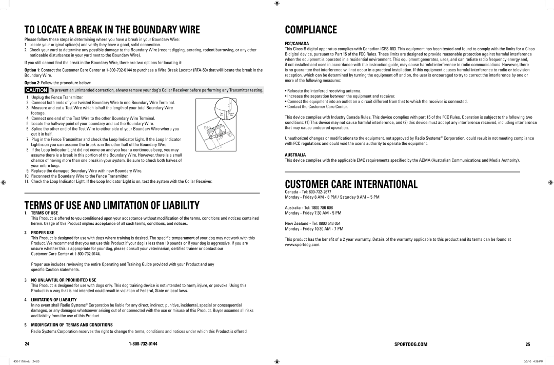 SportDOG 100A manual To Locate a Break in the Boundary Wire, Terms of USE and Limitation of Liability, Compliance 