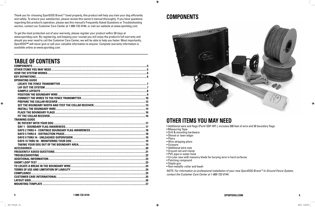 SportDOG 100A manual Table of Contents, Components Other Items YOU MAY Need 