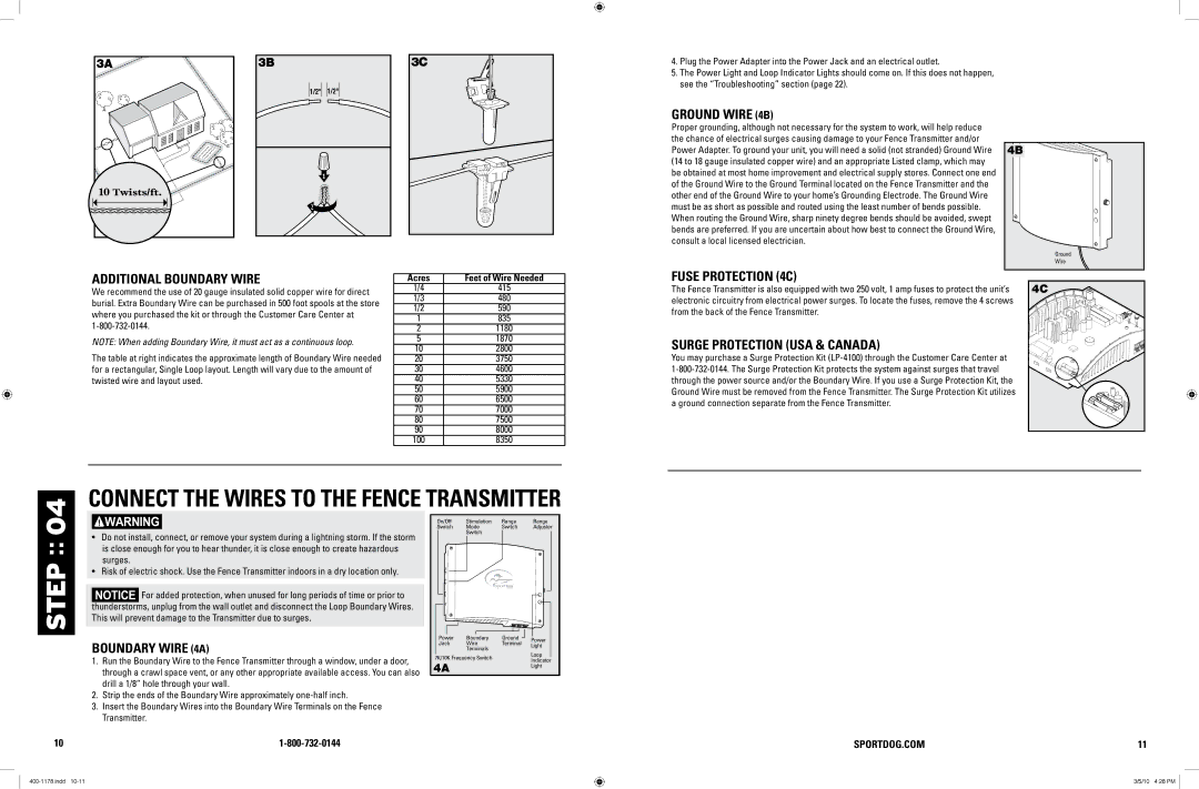 SportDOG 100A manual Ground Wire 4B, Additional Boundary Wire, Boundary Wire 4A, Fuse Protection 4C 