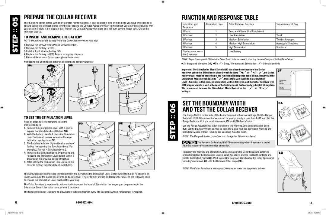 SportDOG 100A manual Prepare the Collar Receiver, Function and Response Table, To Insert and Remove the Battery 