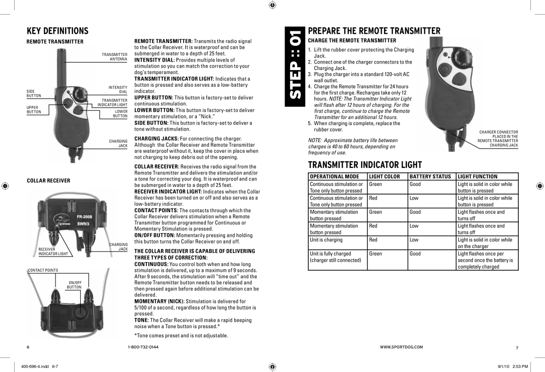 SportDOG 400 & 400S manual Prepare the Remote Transmitter, Transmitter Indicator Light, Charge the Remote Transmitter 