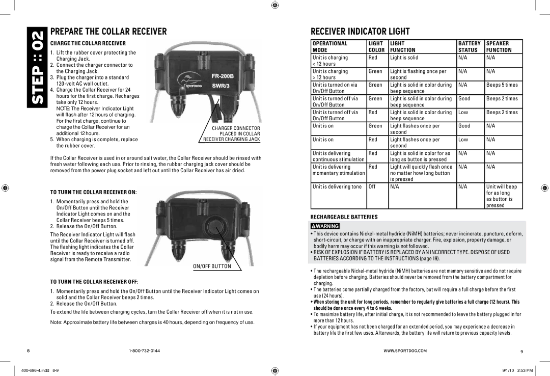 SportDOG 400 & 400S manual Prepare the Collar Receiver, Receiver Indicator Light 