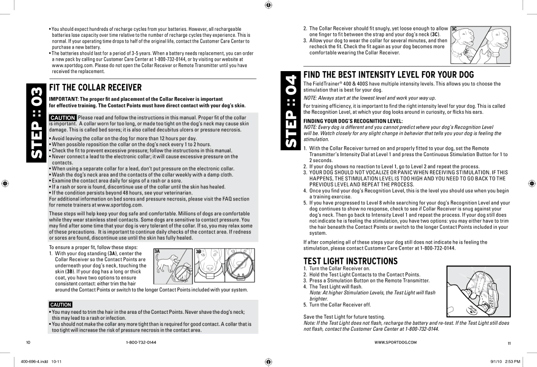 SportDOG 400 & 400S manual Fit the Collar Receiver, Find the Best Intensity Level for Your Dog, Test Light Instructions 