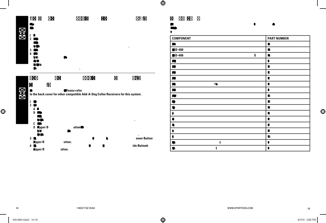 SportDOG 400 & 400S manual Match the Collar Receiver and remote transmitter, Operation, Accessories, Component Part Number 