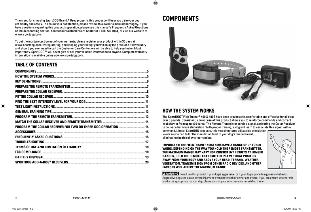 SportDOG 400 & 400S Table of Contents, How the System Works, Match the collar receiver and remote transmitter, Components 
