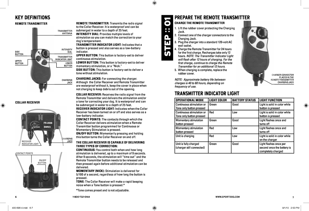 SportDOG 400 & 400S Key Definitions, Prepare the Remote Transmitter, Transmitter Indicator Light, Collar Receiver, Step 