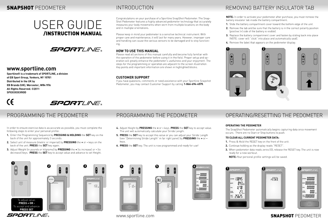 Sportline 308 manual Introduction, Removing Battery Insulator TAB, Programming the Pedometer, HOW to USE this Manual 