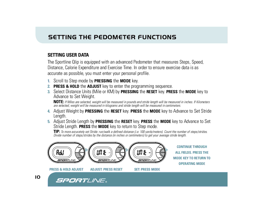 Sportline 310 manual Setting User Data 