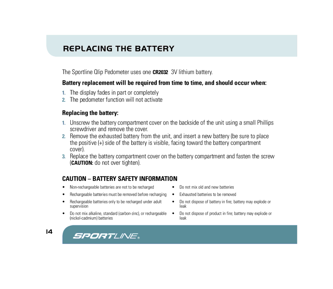 Sportline 310 manual Replacing the Battery, Replacing the battery 