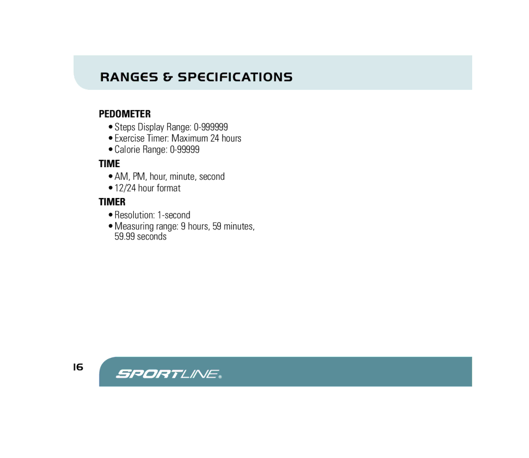 Sportline 310 manual Ranges & Specifications, Pedometer, Time 