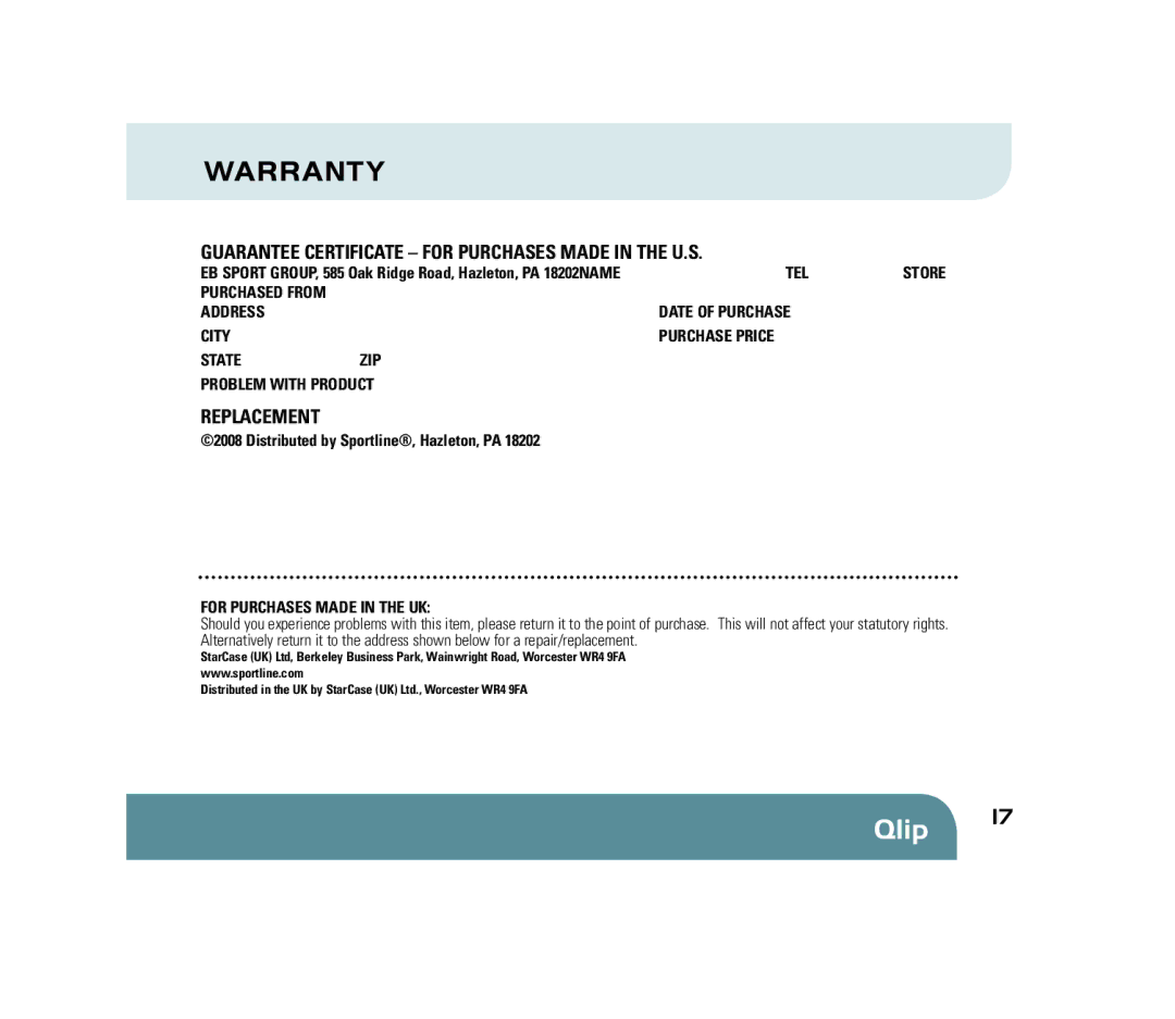 Sportline 310 manual Warrant Y, Guarantee Certificate for Purchases Made in the U.S 