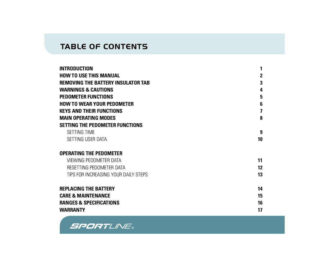 Sportline 310 manual Table of Contents 