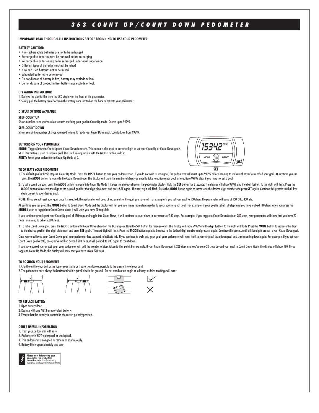 Sportline 363 manual Operating Instructions, Display Options Available STEP-COUNT UP, STEP-COUNT Down, To Replace Battery 