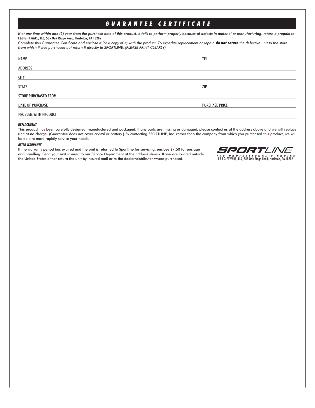 Sportline 363 manual Replacement, After Warranty 