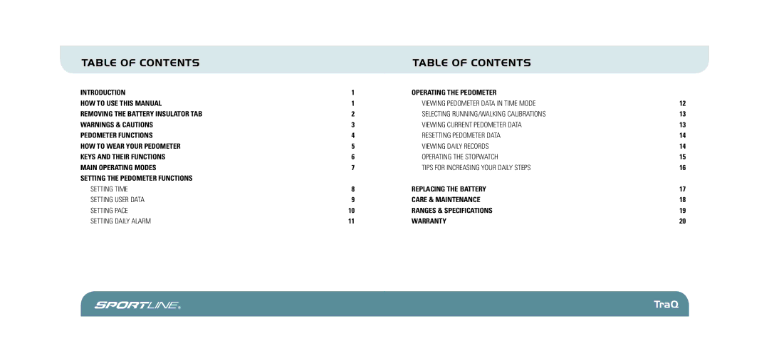 Sportline 370 manual Table of Contents 