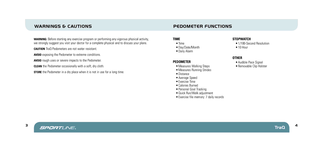 Sportline 370 manual Pedometer Functions, Time Stopwatch, Pedometer Other 