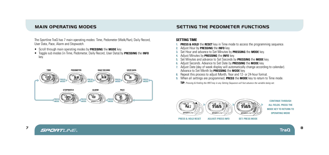 Sportline 370 manual Main Operating Modes, Setting the Pedometer Functions, Setting Time 