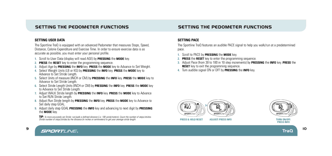 Sportline 370 manual Setting User Data, Setting Pace 